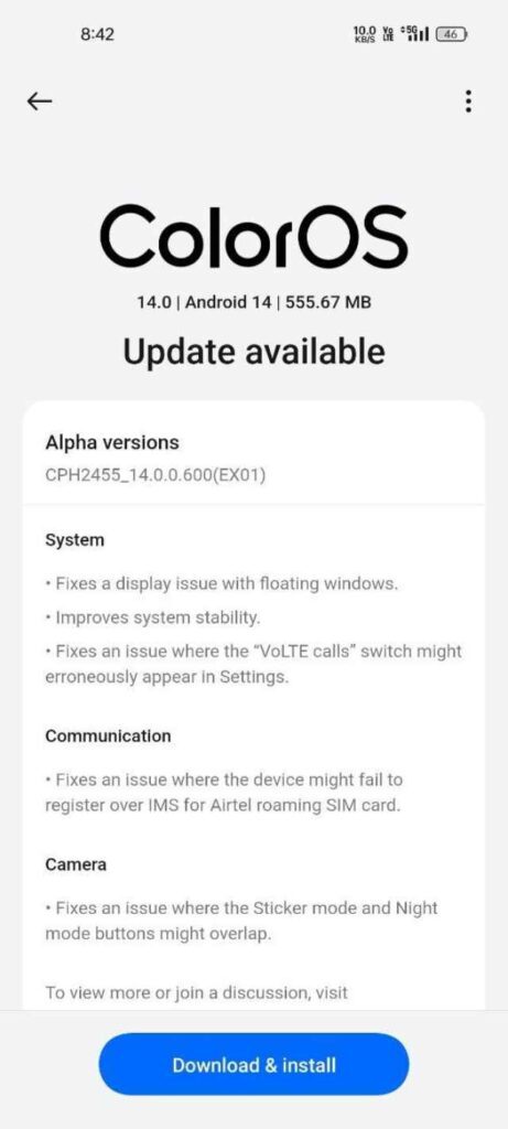 Oppo F21s Pro Android 14 Update for Indian Users